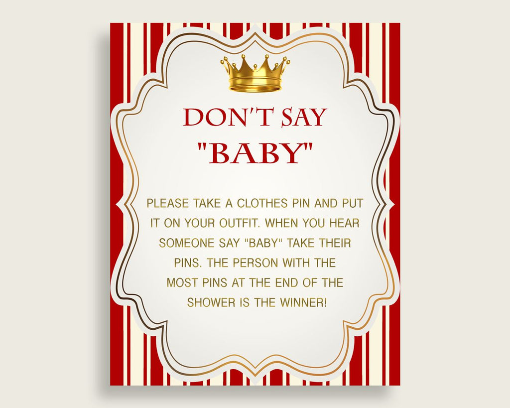 Red Gold Don't Say Baby Printable Game, Boy Baby Shower Prince Game Sign, Instant Download, 8x10, Cute Theme Little Prince Crown 92EDX