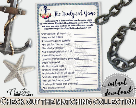 Navy Blue Nautical Anchor Flowers Bridal Shower Theme: The Newlywed Game - who knows bride best, navy bridal shower, party ideas - 87BSZ - Digital Product