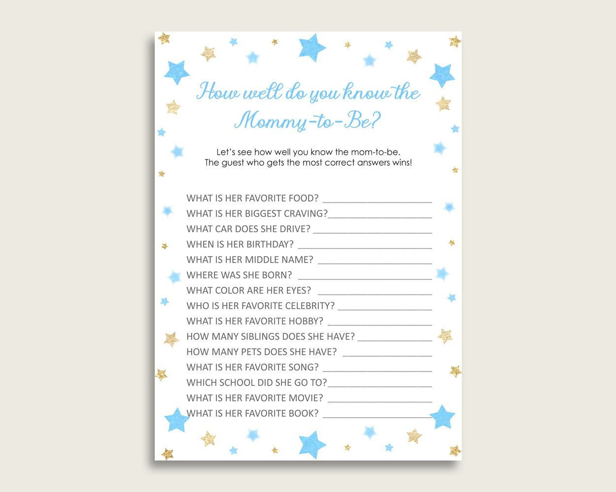 Blue Gold How Well Do You Know Mommy Game, Stars Baby Shower Boy, Who Knows Mommy Best Printable, Moon Glitter Stars Little Star bsr01