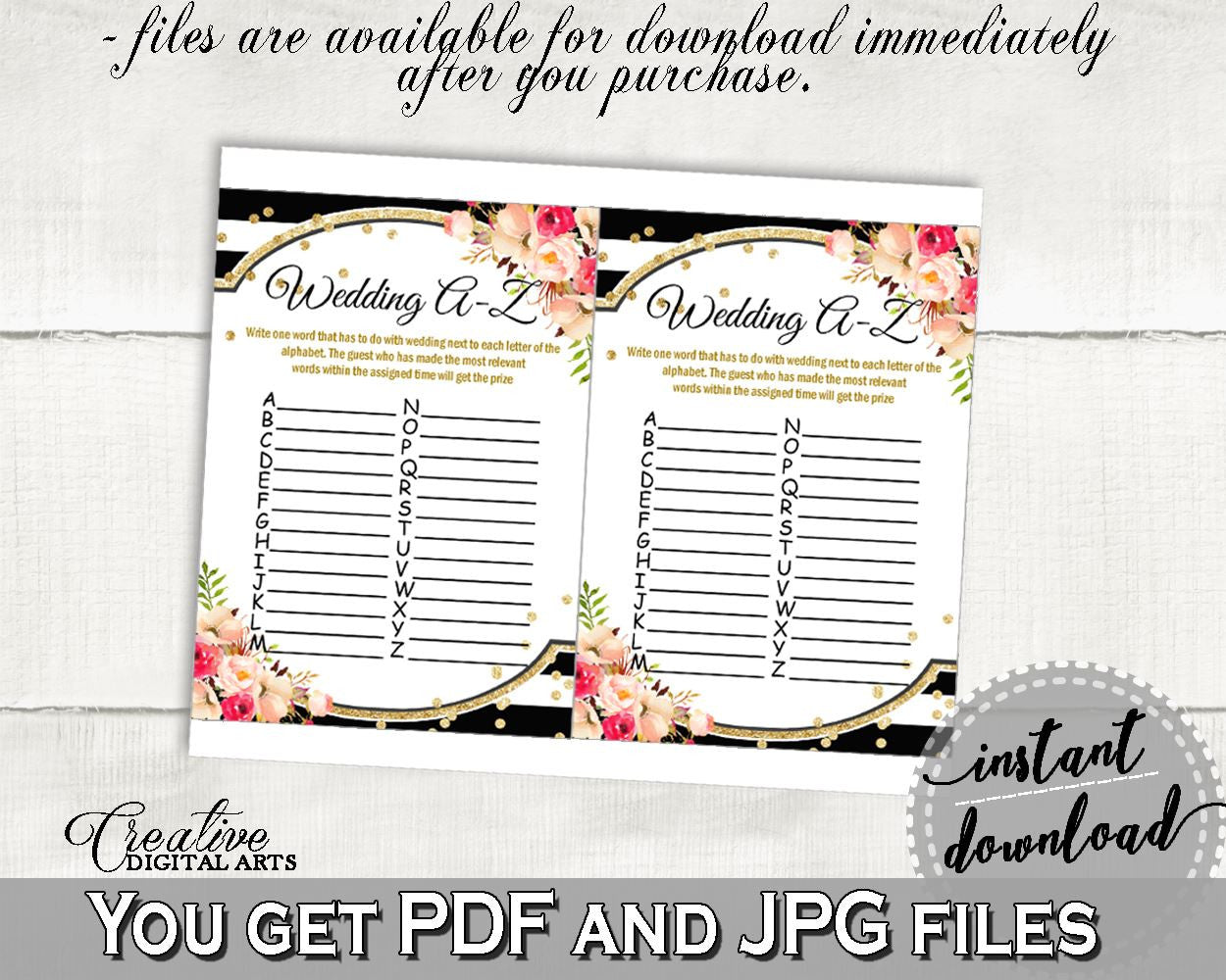 Black And Gold Flower Bouquet Black Stripes Bridal Shower Theme: Wedding A-Z Game - grammar activity, party stuff, party decor - QMK20 - Digital Product