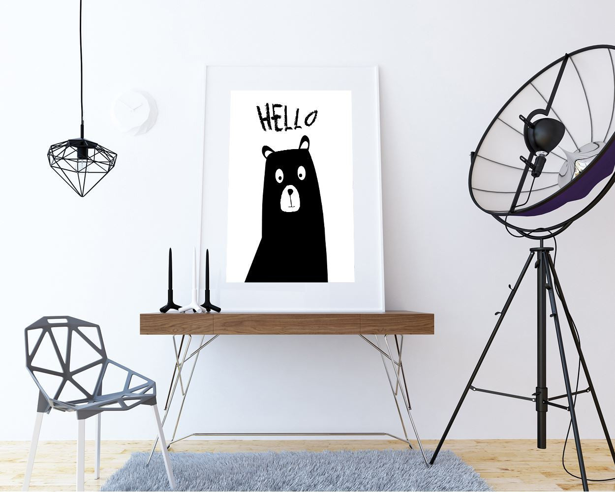 Hello Bear, black and white, woodland, baby shower, kids room, Printable Wall Art, contemporary art, Art Prints, Minimalist Print - Digital Download