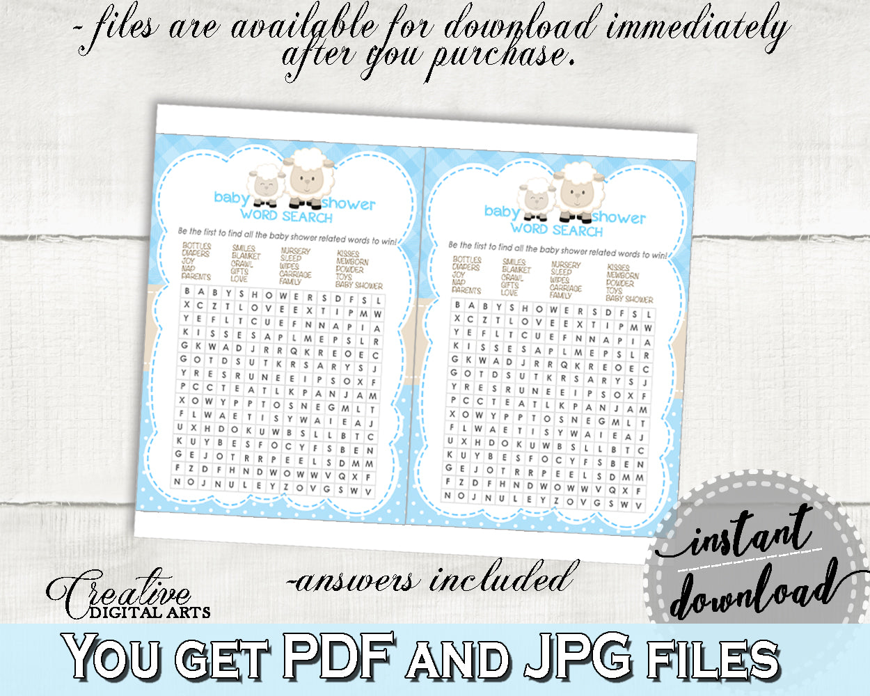 Blue Baby Shower Little Lamb WORD SEARCH game printable, baby shower sheep game, digital files, Jpg and Pdf, instant download - fa001