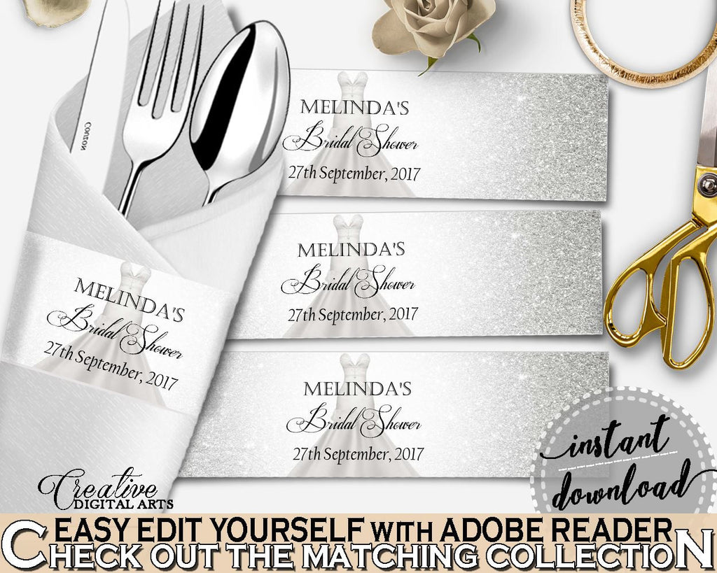 Napkin Ring Editable in Silver Wedding Dress Bridal Shower Silver And White Theme, editable napkin ring, prints, digital print - C0CS5 - Digital Product