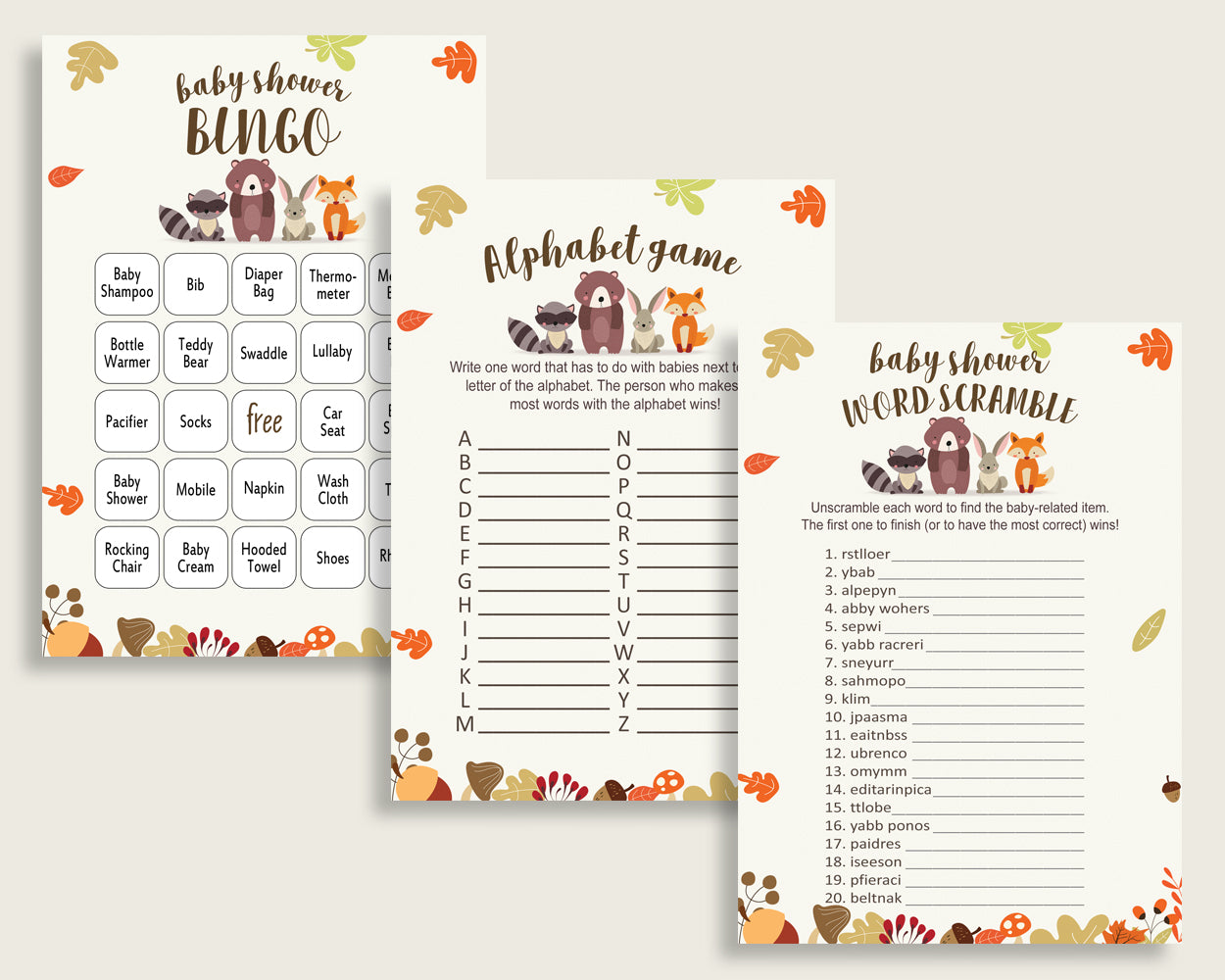 Woodland Baby Shower Games Printable Pack, Brown Beige Baby Shower Games Package Gender Neutral, Fall Games Bundle Set, Instant w0001