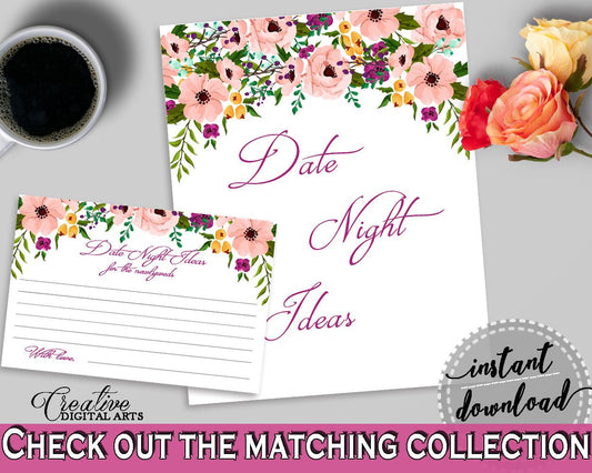 Date Night Ideas in Watercolor Flowers Bridal Shower White And Pink Theme, print own date ideas, watercolour shower, party supplies - 9GOY4 - Digital Product