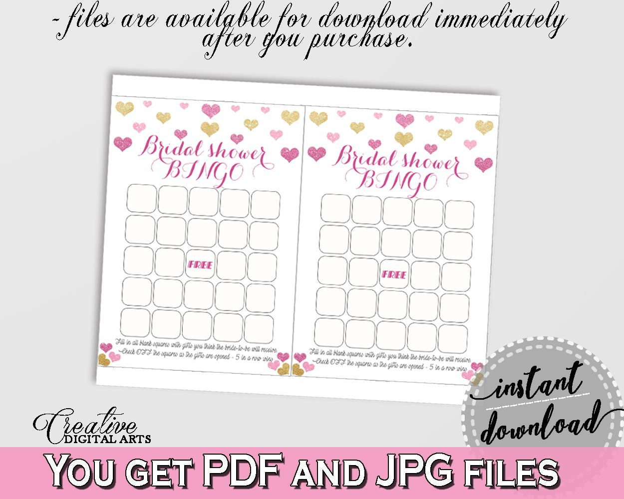 Glitter Hearts Bridal Shower Bingo Gift Game in Gold And Pink, blank bingo card,  valentine theme, party organizing, party plan - WEE0X - Digital Product