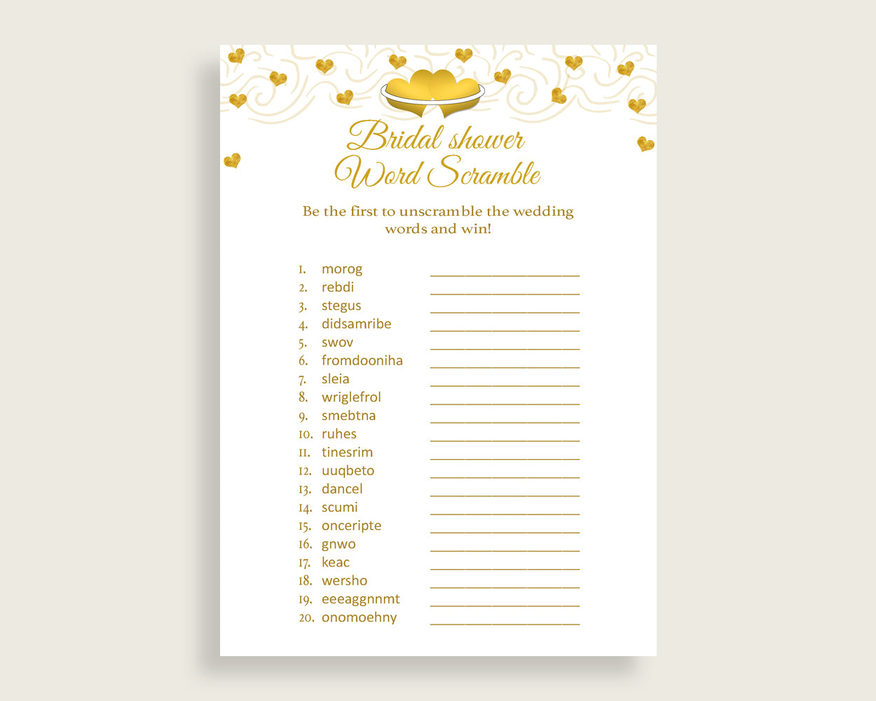 Word Scramble Bridal Shower Word Scramble Gold Hearts Bridal Shower Word Scramble Bridal Shower Gold Hearts Word Scramble White Gold 6GQOT