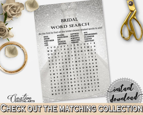 Word Search in Silver Wedding Dress Bridal Shower Silver And White Theme, blanket, crystal bridal, shower celebration, party ideas - C0CS5 - Digital Product
