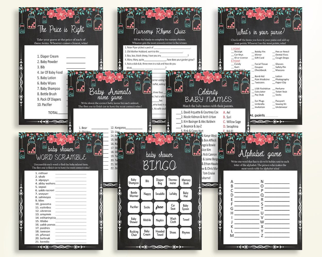 Games Baby Shower Games Chalkboard Baby Shower Games Baby Shower Chalkboard Games Black Pink paper supplies digital download party NIHJ1 - Digital Product