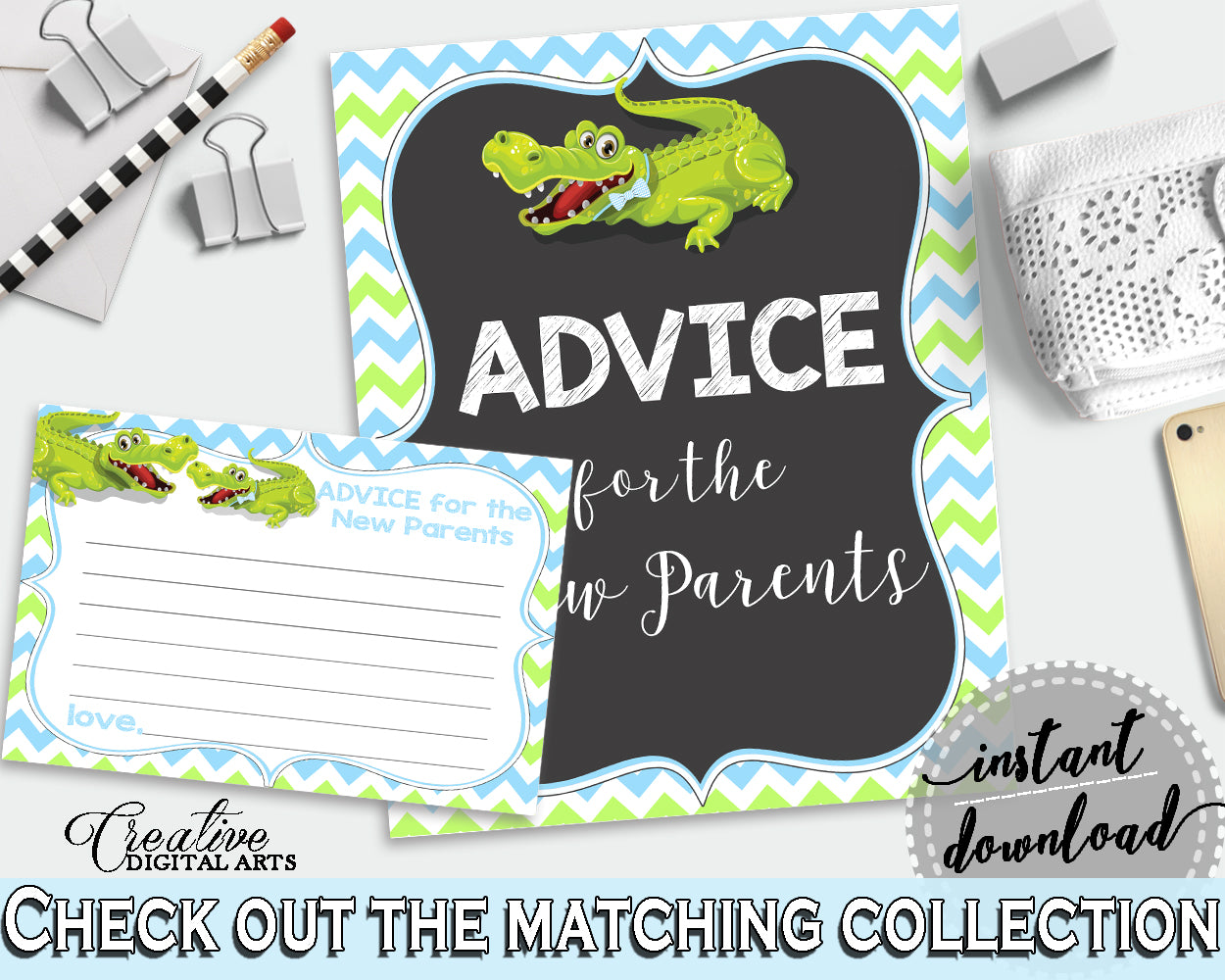 ADVICE FOR THE MOMMY TO BE and ADVICE FOR THE NEW PARENTS baby shower activities with green alligator and blue color theme, instant download - ap002