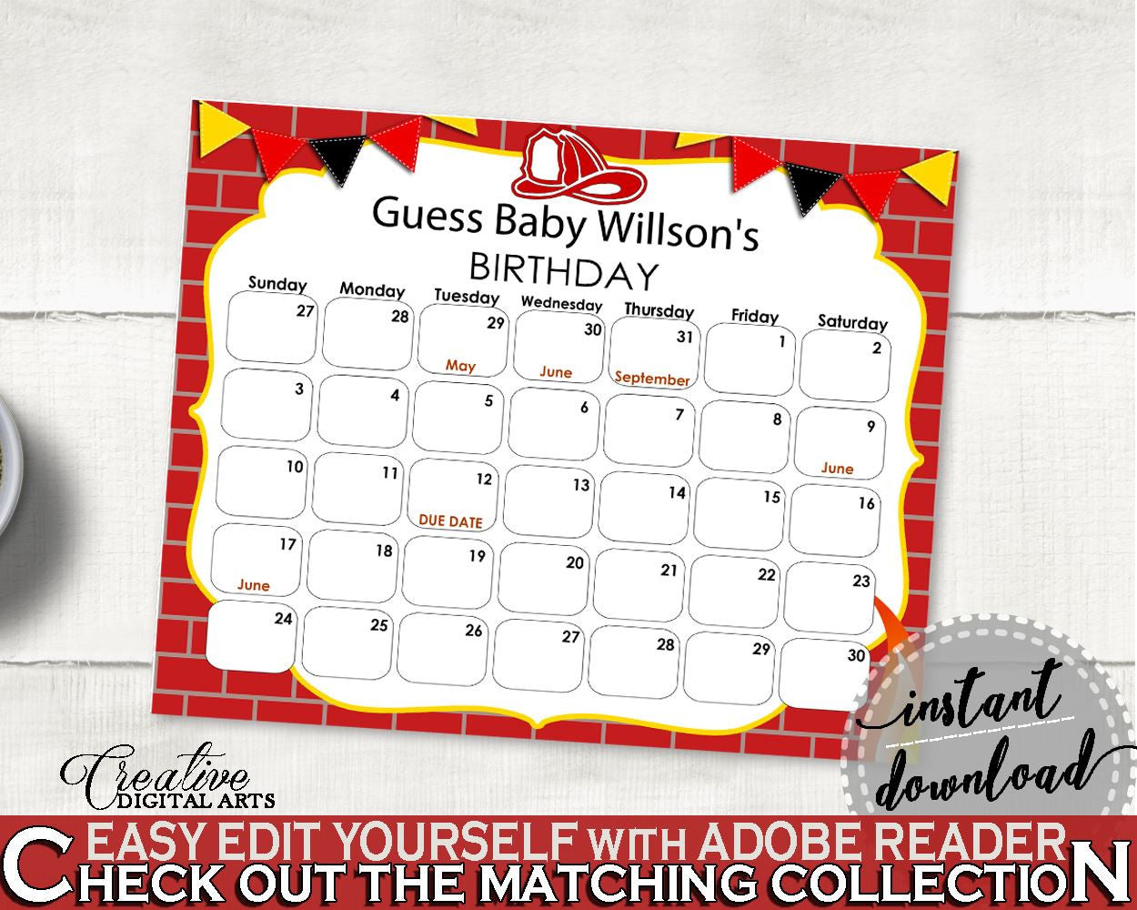 Birthday Predictions Baby Shower Birthday Predictions Fireman Baby Shower Birthday Predictions Red Yellow Baby Shower Fireman Birthday LUWX6 - Digital Product