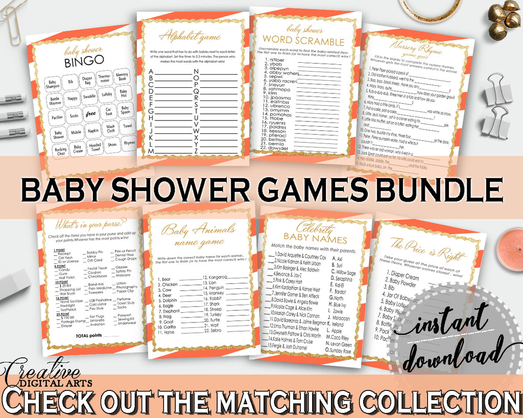8 Orange Baby Shower games, Invitation Editable, gender neutral shower prints, baby shower games stripes, pdf jpg - Instant Download - bs003