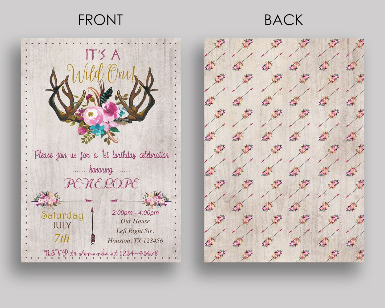 Wild One Birthday Invitation Wild One Birthday Party Invitation Wild One Birthday Party Wild One Invitation Girl antlers, bouquet V0J6X - Digital Product