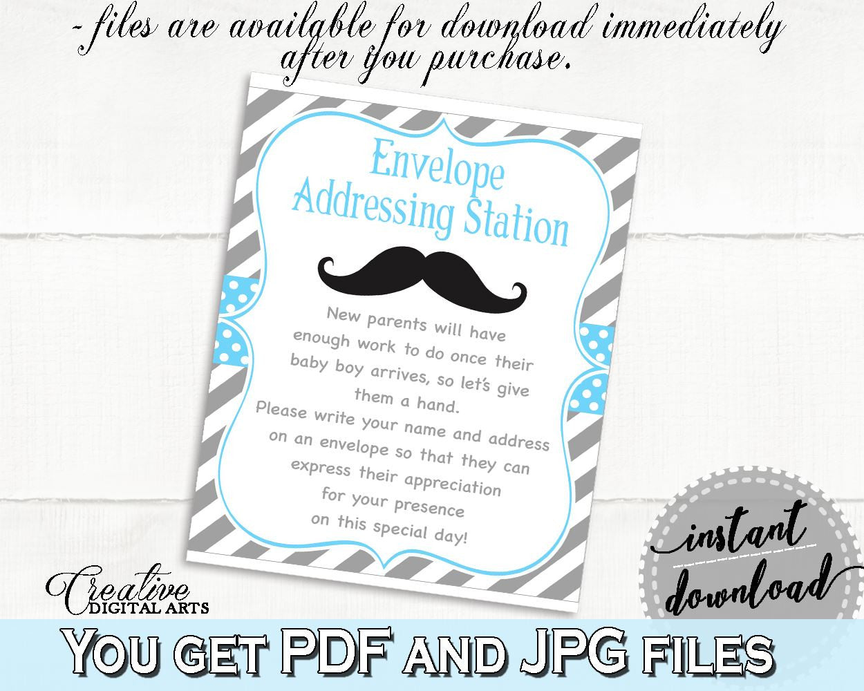 Blue Gray Envelope Addressing, Baby Shower Envelope Addressing, Mustache Baby Shower Envelope Addressing, Baby Shower Mustache 9P2QW - Digital Product