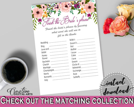 Finish The Bride's Phrase Game in Watercolor Flowers Bridal Shower White And Pink Theme, finalize the phrase, party planning - 9GOY4 - Digital Product