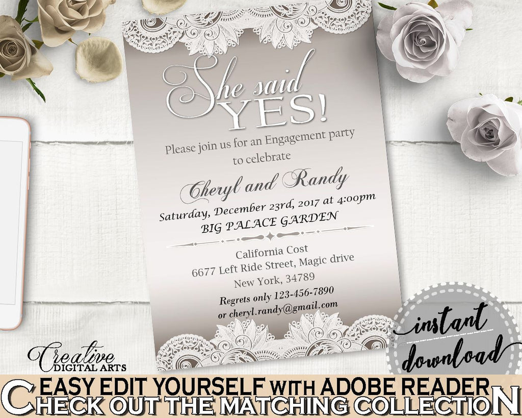 Traditional Lace Bridal Shower She Said Yes Invitation Editable in Brown And Silver, shower invite, vintage lace, bridal shower idea - Z2DRE - Digital Product