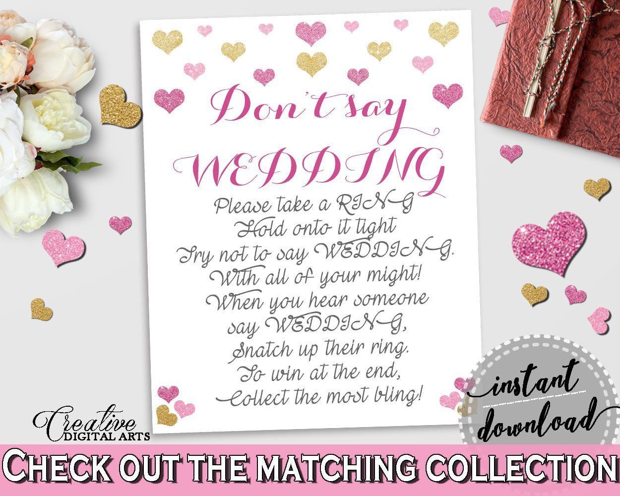 Don't Say Wedding Game in Glitter Hearts Bridal Shower Gold And Pink Theme, competition game,  valentine shower, printable files - WEE0X - Digital Product