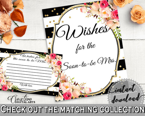 Wishes For The Soon To Be Mrs in Flower Bouquet Black Stripes Bridal Shower Black And Gold Theme, good wishes, prints, party décor - QMK20 - Digital Product