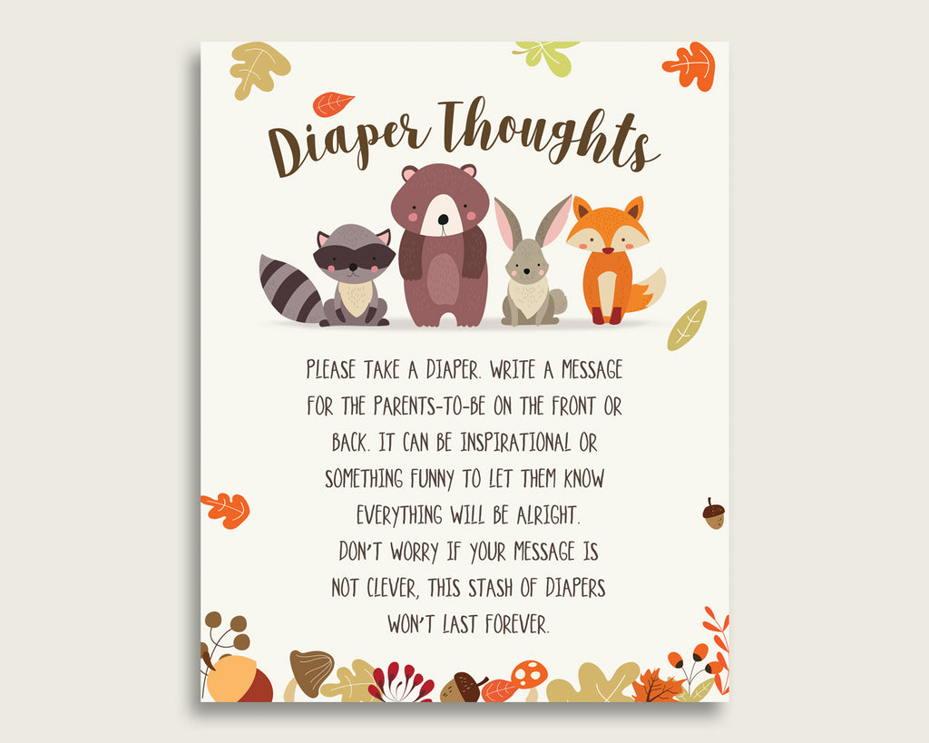 Woodland Baby Shower Diaper Thoughts Printable, Gender Neutral Brown Beige Late Night Diaper Sign, Words For Wee Hours, Write On w0001