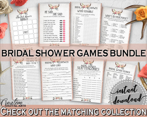 Games Bundle in Antlers Flowers Bohemian Bridal Shower Gray and Pink Theme, games package, antlers bouquet, printable files, prints - MVR4R - Digital Product