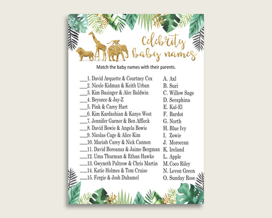 Gold Green Celebrity Baby Names, Jungle Baby Shower Gender Neutral Name Game Printable, Celebrity Match Game, Famous Babies Game EJRED