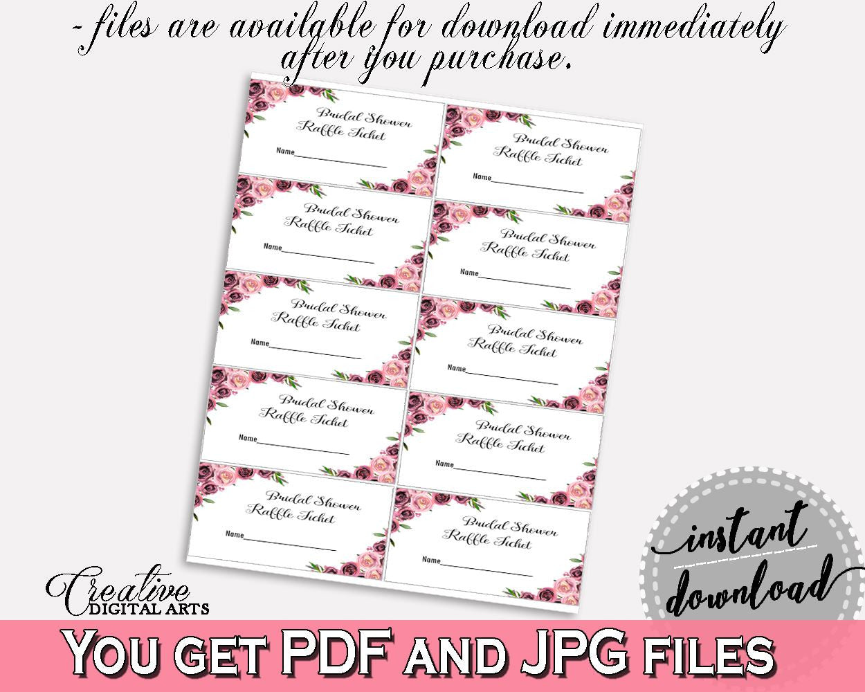 Raffle Ticket Bridal Shower Raffle Ticket Floral Bridal Shower Raffle Ticket Bridal Shower Floral Raffle Ticket Pink Purple prints - BQ24C - Digital Product