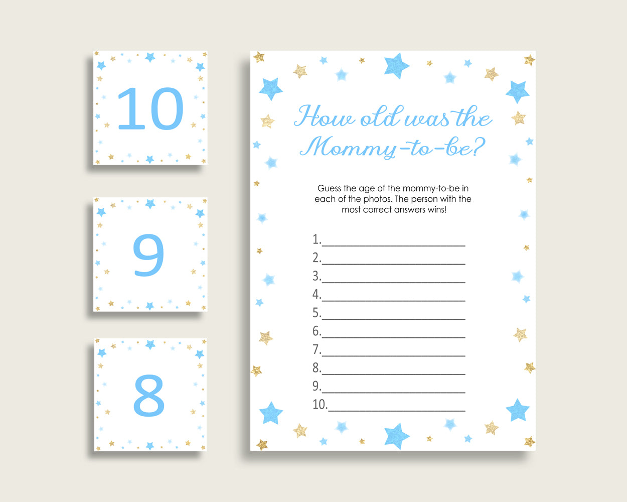 Blue Gold How Old Was The Mommy To Be, Boy Baby Shower Game Printable, Stars Guess Mommy's Age Game, Instant Download, Twinkle Twinkle bsr01