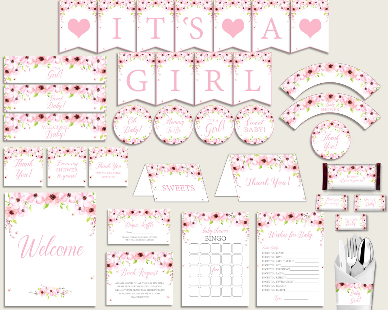 Pink Green Baby Shower Decorations Girl Kit, Flower Blush Baby Shower Party Package Printable, Instant Download, Flowers Theme VH1KL