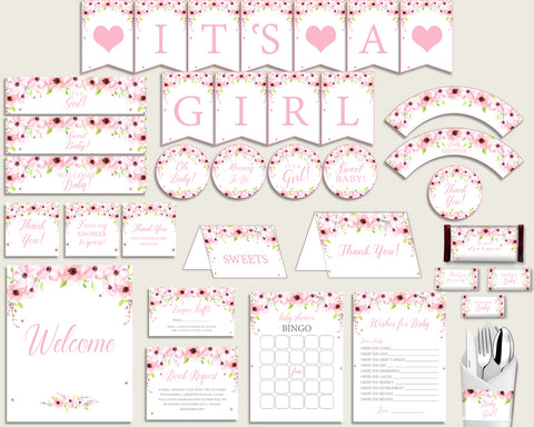 Pink Green Baby Shower Decorations Girl Kit, Flower Blush Baby Shower Party Package Printable, Instant Download, Flowers Theme VH1KL