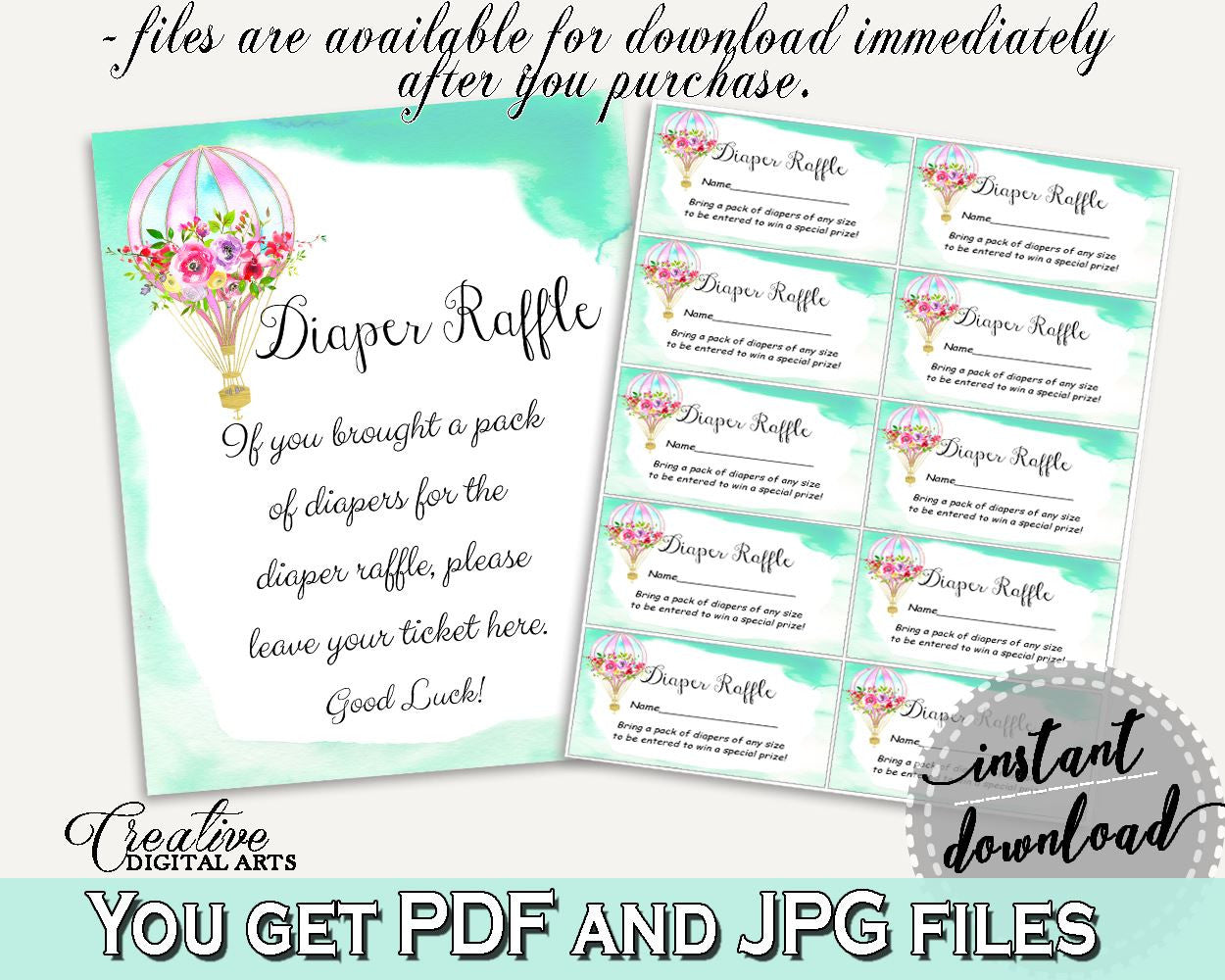 Diaper Raffle Baby Shower Diaper Raffle Hot Air Balloon Baby Shower Diaper Raffle Baby Shower Hot Air Balloon Diaper Raffle Green Pink CSXIS - Digital Product