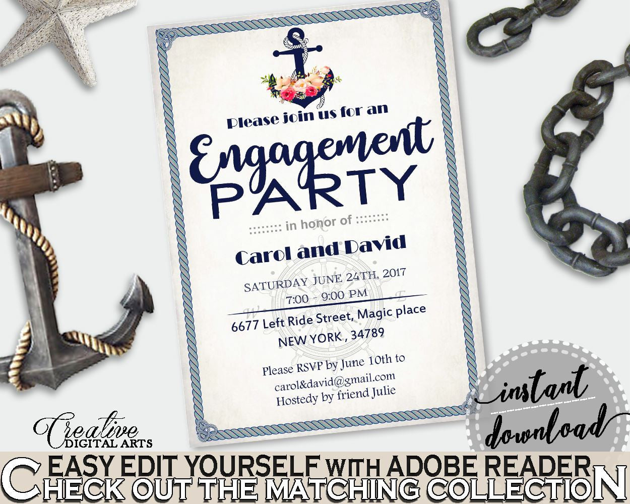 Engagement Party Invitation Editable in Nautical Anchor Flowers Bridal Shower Navy Blue Theme, engaged party, party ideas, prints - 87BSZ - Digital Product