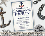 Engagement Party Invitation Editable in Nautical Anchor Flowers Bridal Shower Navy Blue Theme, engaged party, party ideas, prints - 87BSZ - Digital Product