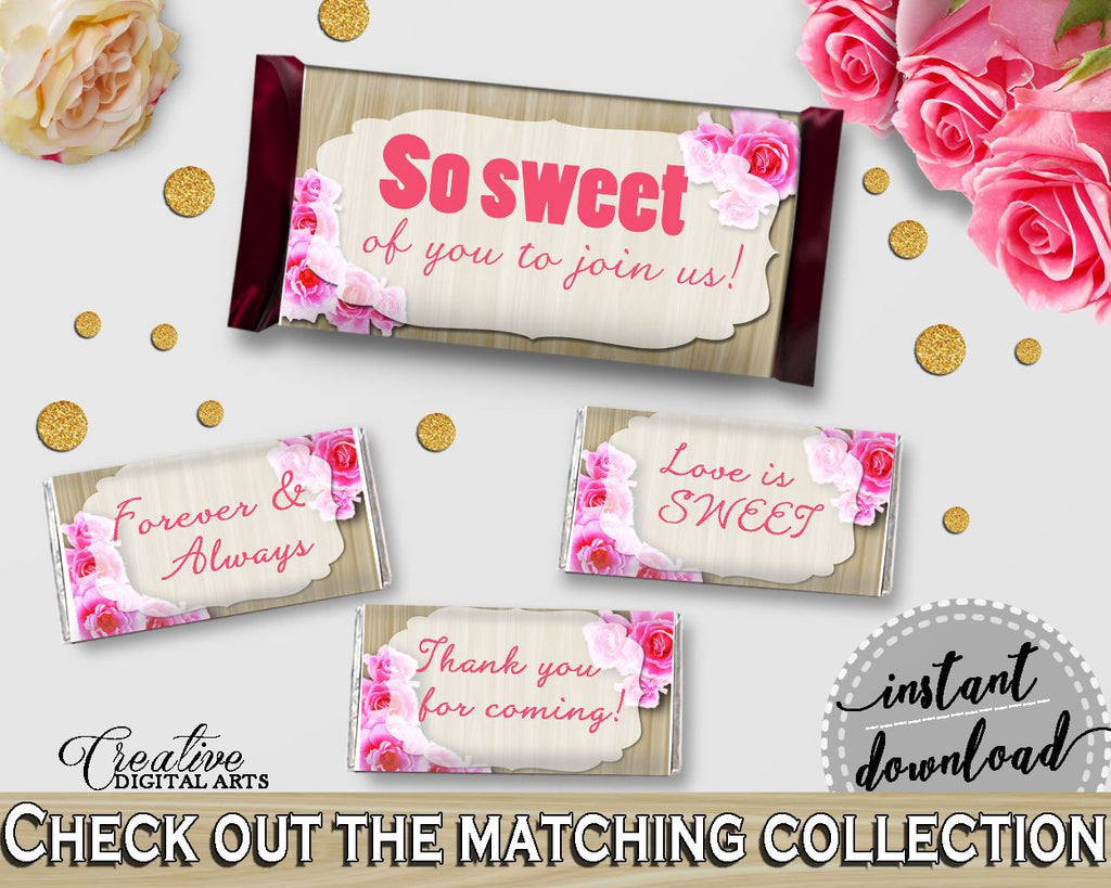Pink And Beige Roses On Wood Bridal Shower Theme: Hershey Mini And Standard Wrappers - hershey wrappers, party theme, party decor - B9MAI - Digital Product
