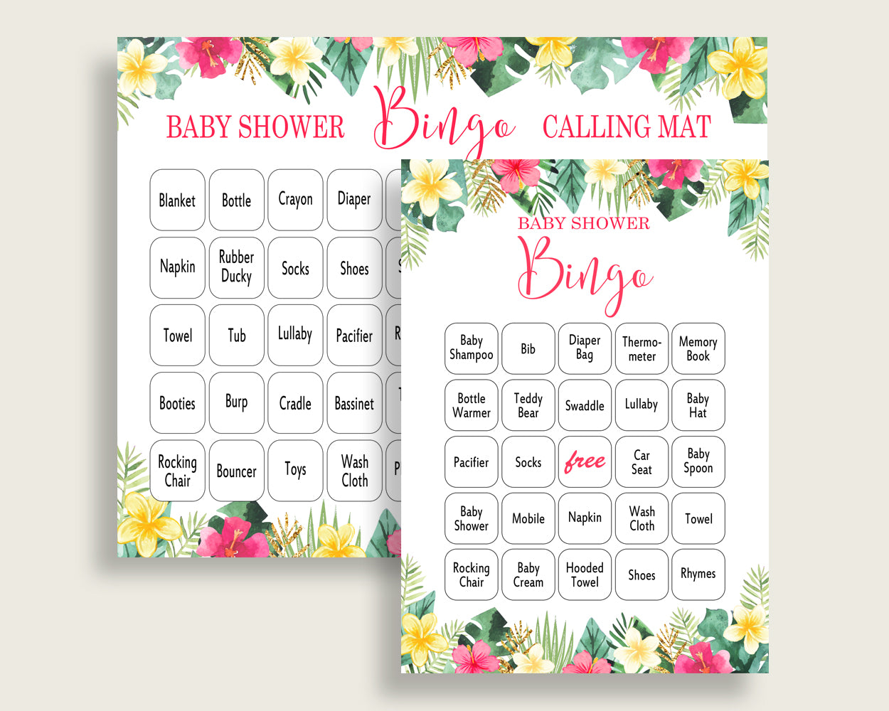 Hawaiian Baby Shower Bingo Cards Printable, Pink Green Baby Shower Girl, 60 Prefilled Bingo Game Cards, Tropical Flowers Palm Leaves 955MG