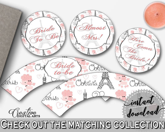 Paris Bridal Shower Cupcake Toppers And Wrappers in Pink And Gray, bridal decoration, city of light, party plan, party planning - NJAL9 - Digital Product