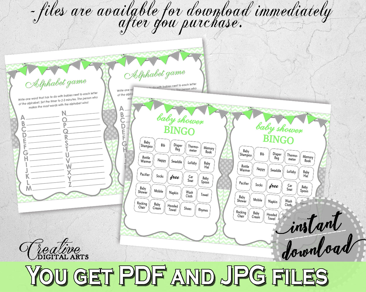 Green Baby Shower games package bundle printable with chevron green theme, 8 games pack, jpg and pdf - Instant Download - cgr01