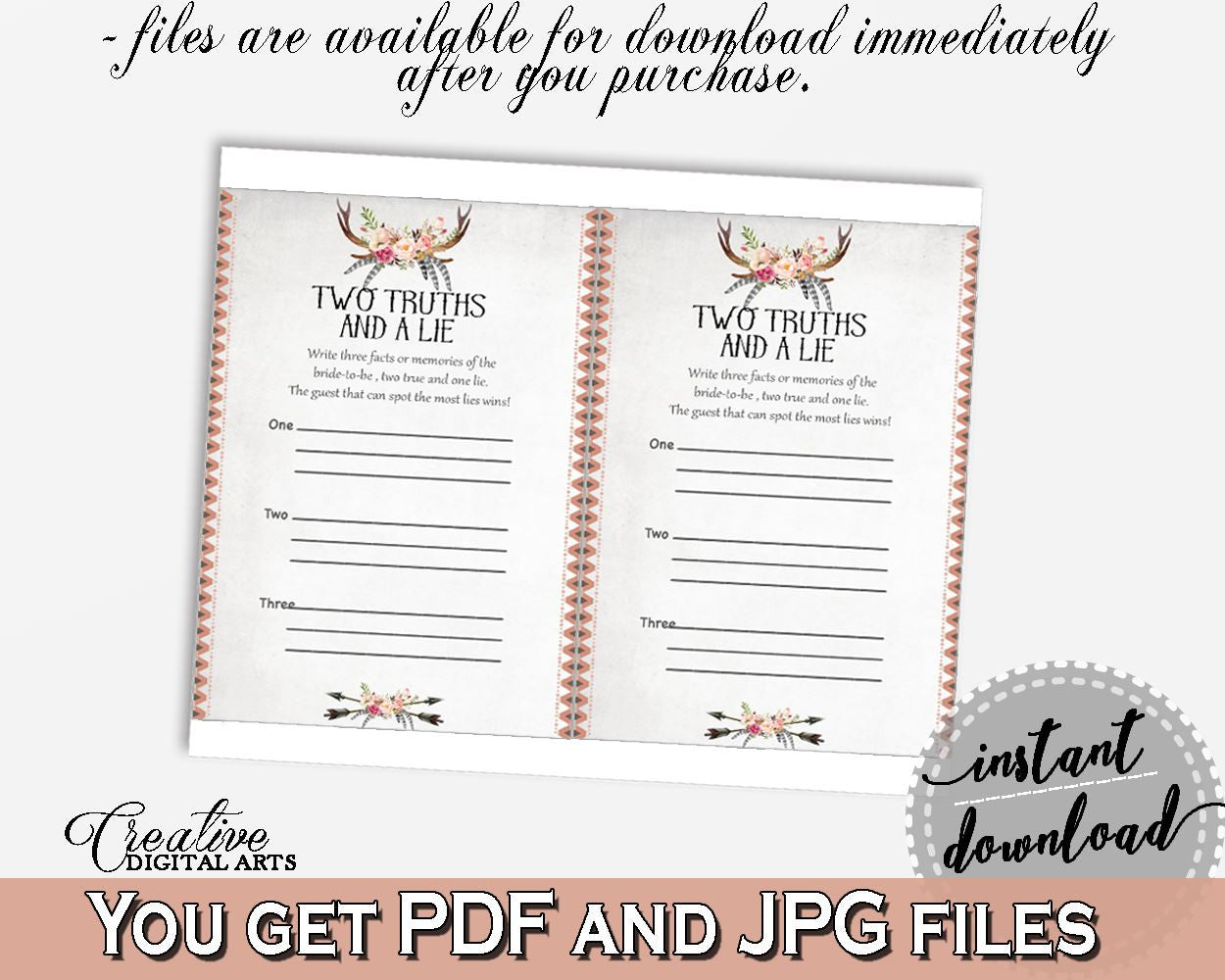 Antlers Flowers Bohemian Bridal Shower Two Truths And A Lie Game in Gray and Pink, unique bridal, boho rustic shower, party plan - MVR4R - Digital Product