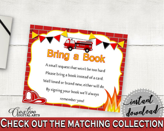 Bring A Book Baby Shower Bring A Book Fireman Baby Shower Bring A Book Red Yellow Baby Shower Fireman Bring A Book - LUWX6 - Digital Product