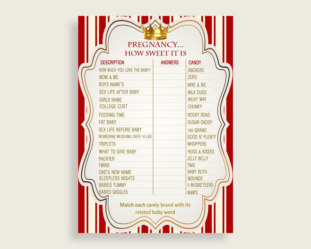 Red Gold Pregnancy How Sweet It Is Game, Prince Baby Shower Boy, Printable Candy Bar Match Game, Instant Download, Most Popular Crown 92EDX