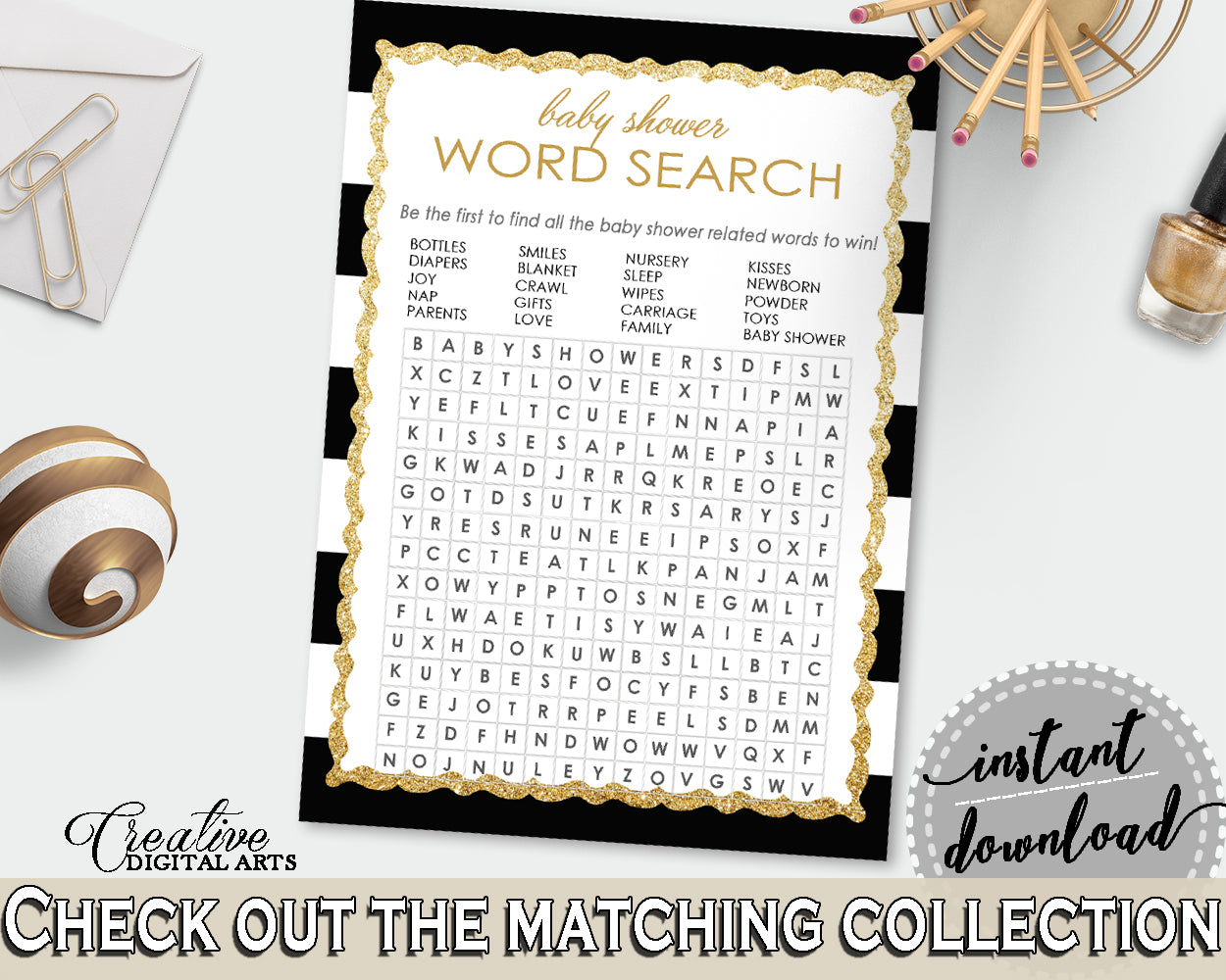 Baby Shower WORD SEARCH game with black white color stripes theme printable, digital files jpg pdf, instant download - bs001