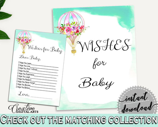 Wishes Baby Shower Wishes Hot Air Balloon Baby Shower Wishes Baby Shower Hot Air Balloon Wishes Green Pink party decor, paper supplies CSXIS - Digital Product