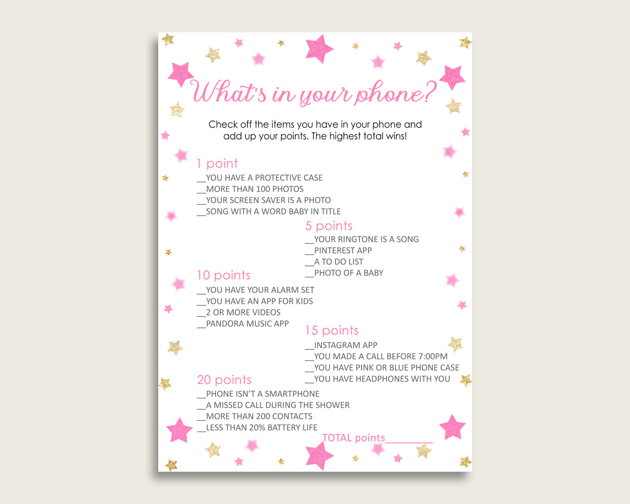 Pink Gold What's In Your Phone Game, Twinkle Star Baby Shower Girl, What's In Your Cell Phone Printable, Instant Download, Cute Stars bsg01