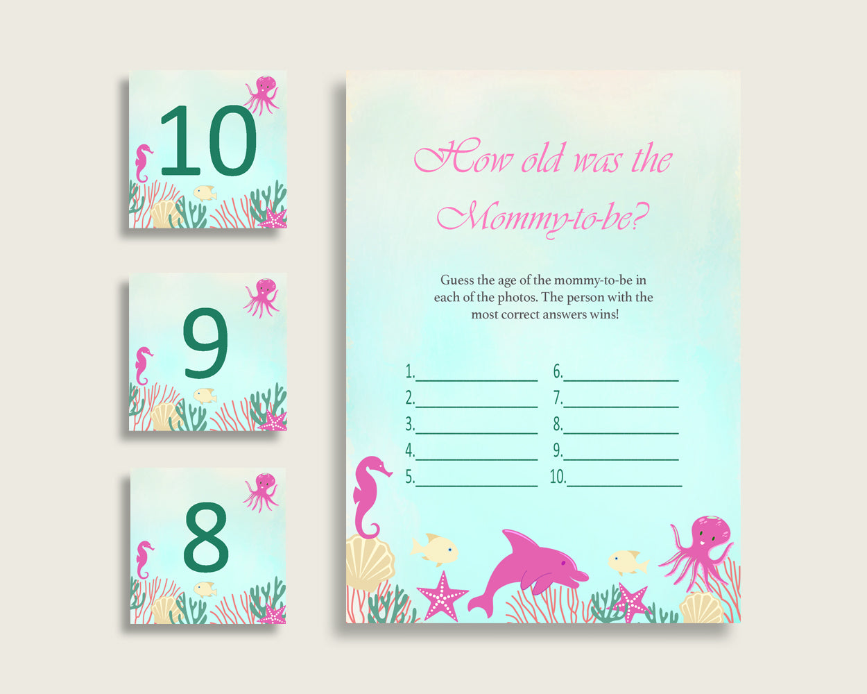 Pink Green How Old Was The Mommy To Be, Girl Baby Shower Game Printable, Under The Sea Guess Mommy's Age Game, Instant Download, uts01