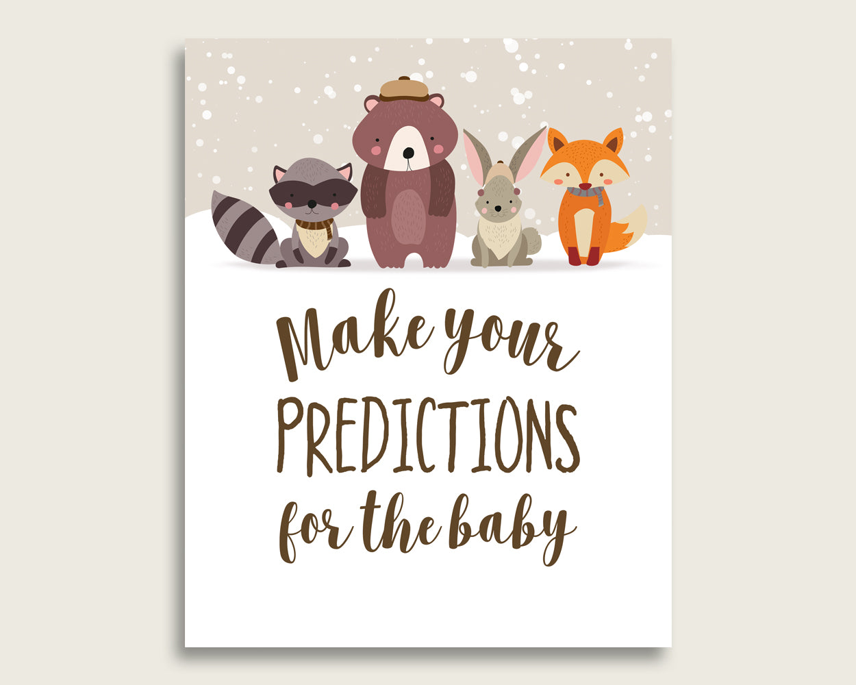 Winter Woodland Baby Shower Prediction Cards & Sign Printable, Beige Brown Baby Prediction Game Gender Neutral, Instant Download RM4SN