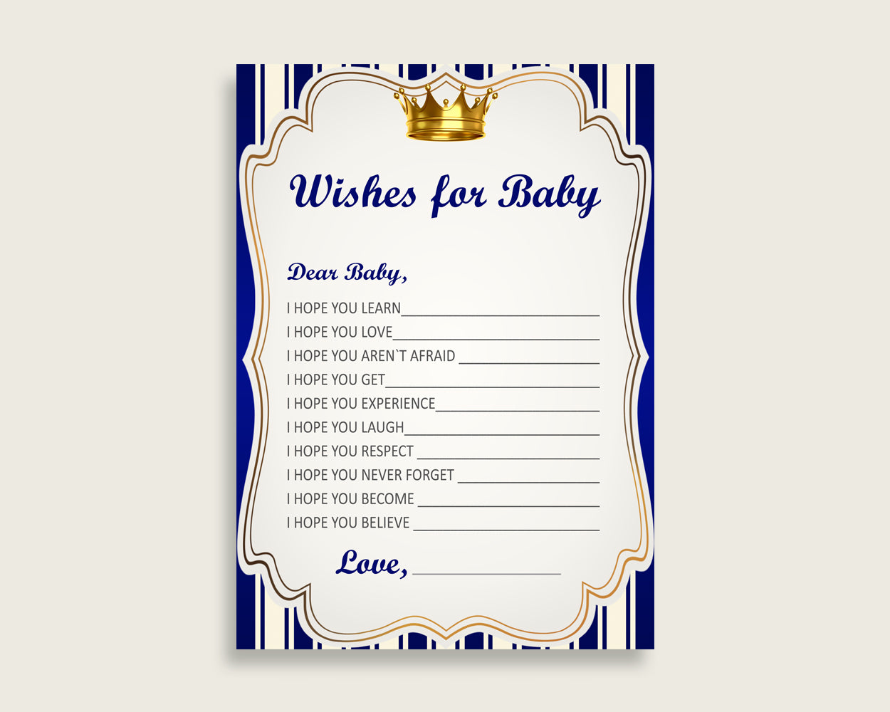 Blue Gold Wishes For Baby Cards & Sign, Royal Prince Baby Shower Boy Well Wishes Game Printable, Instant Download, Royal Blue King rp001