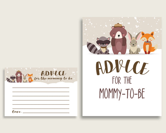 Winter Woodland Advice For Mommy To Be Cards & Sign, Printable Baby Shower Beige Brown Advice For New Parents, Instant Download, RM4SN