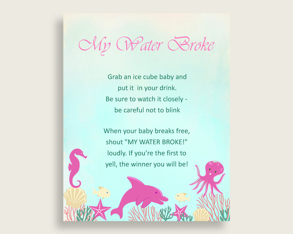Under The Sea Baby Shower My Water Broke Game Printable, Pink Green Ice Cube Babies Game, Girl Baby Shower Frozen Babies Game Sign uts01