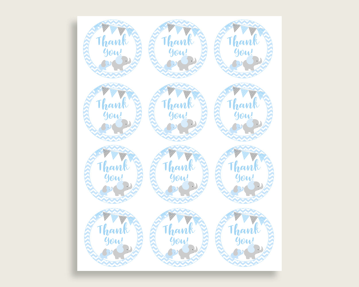 Elephant Baby Shower Round Thank You Tags 2 inch Printable, Blue Grey Favor Gift Tags, Boy Shower Hang Tags Labels, Digital File ebl02