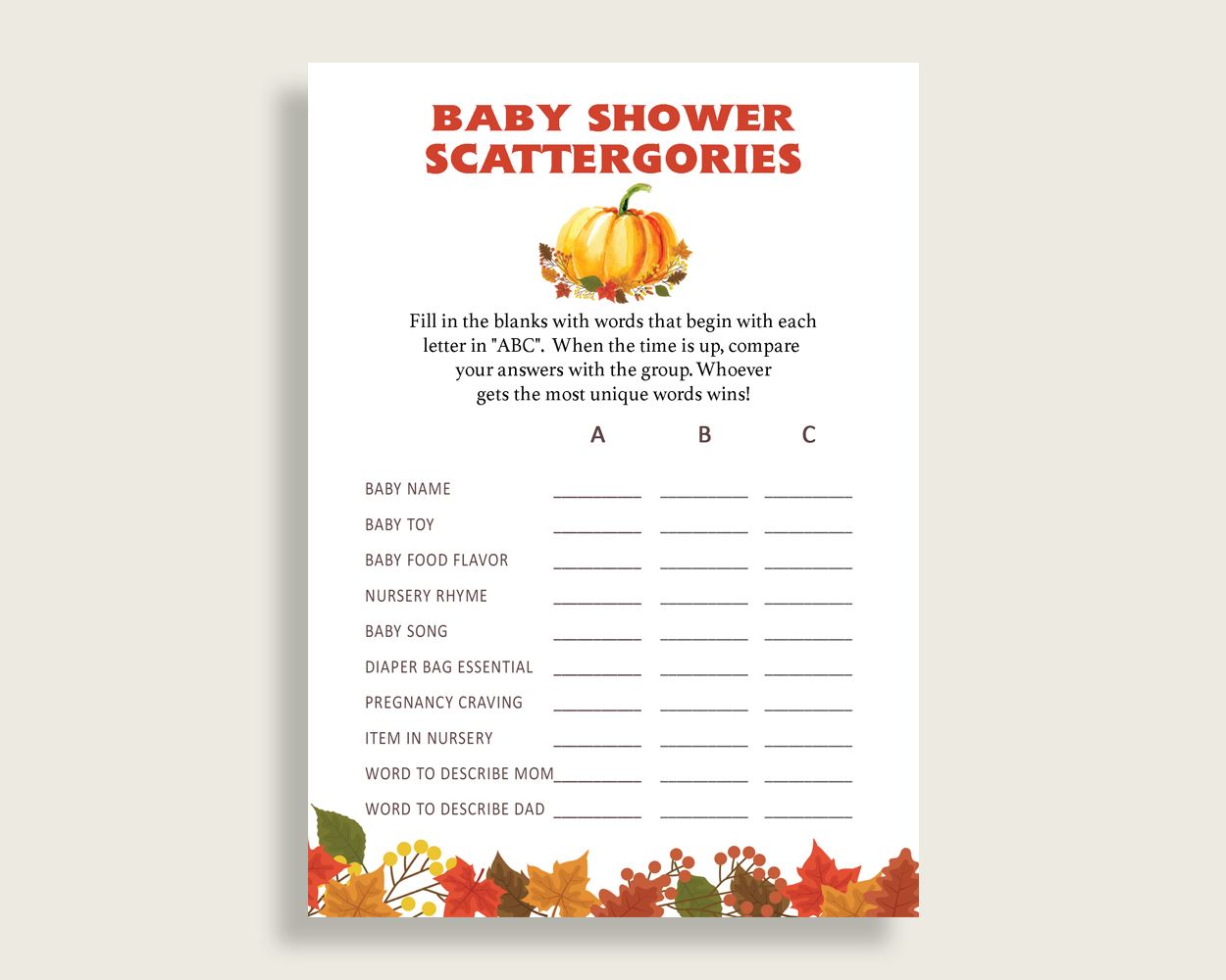 Scattergories Baby Shower Scattergories Fall Baby Shower Scattergories Baby Shower Pumpkin Scattergories Orange Brown paper supplies BPK3D - Digital Product