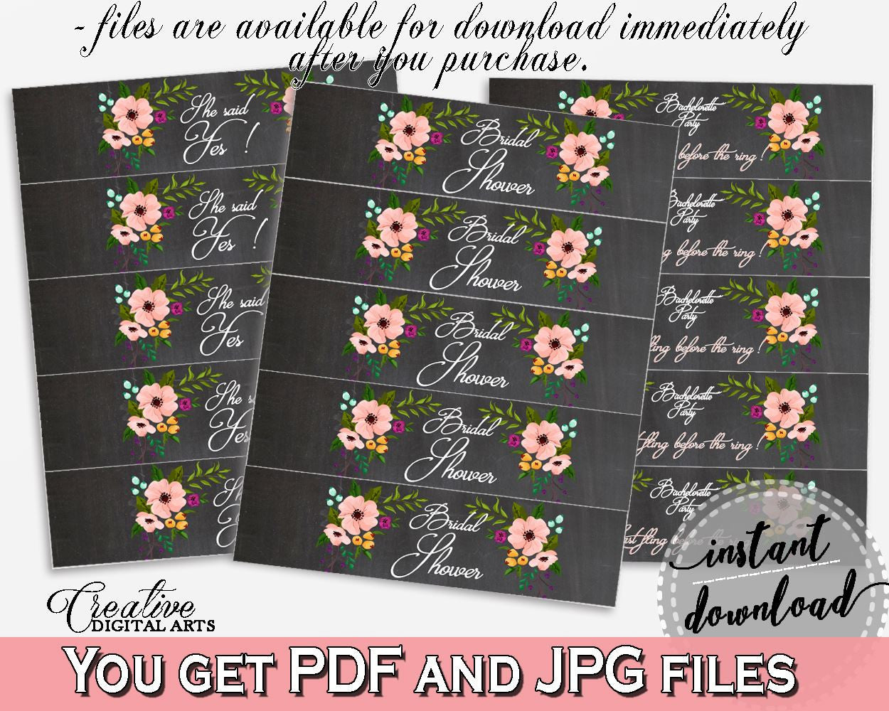 Chalkboard Flowers Bridal Shower Bottle Labels in Black And Pink, water wrapper, chalk bridal shower, paper supplies, party theme - RBZRX - Digital Product